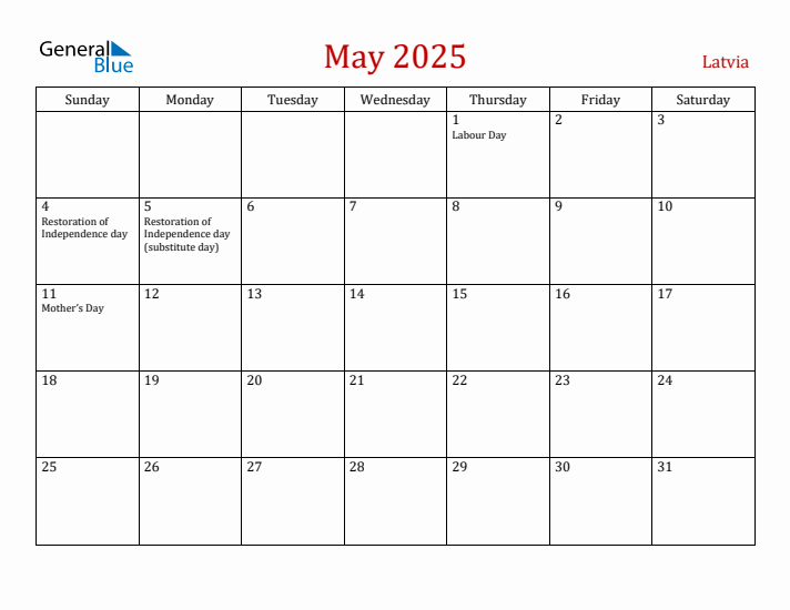 Latvia May 2025 Calendar - Sunday Start