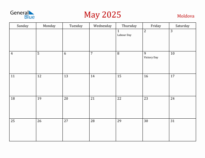 Moldova May 2025 Calendar - Sunday Start