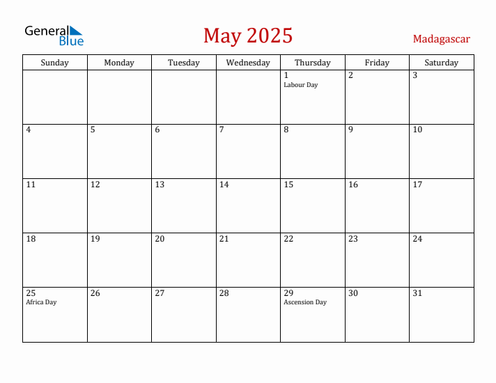 Madagascar May 2025 Calendar - Sunday Start