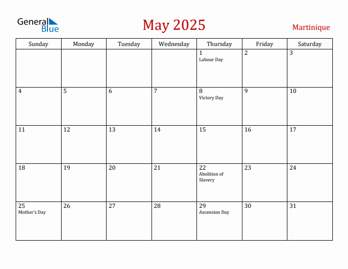 Martinique May 2025 Calendar - Sunday Start