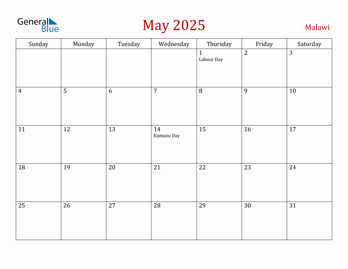May 2025 Malawi Monthly Calendar with Holidays