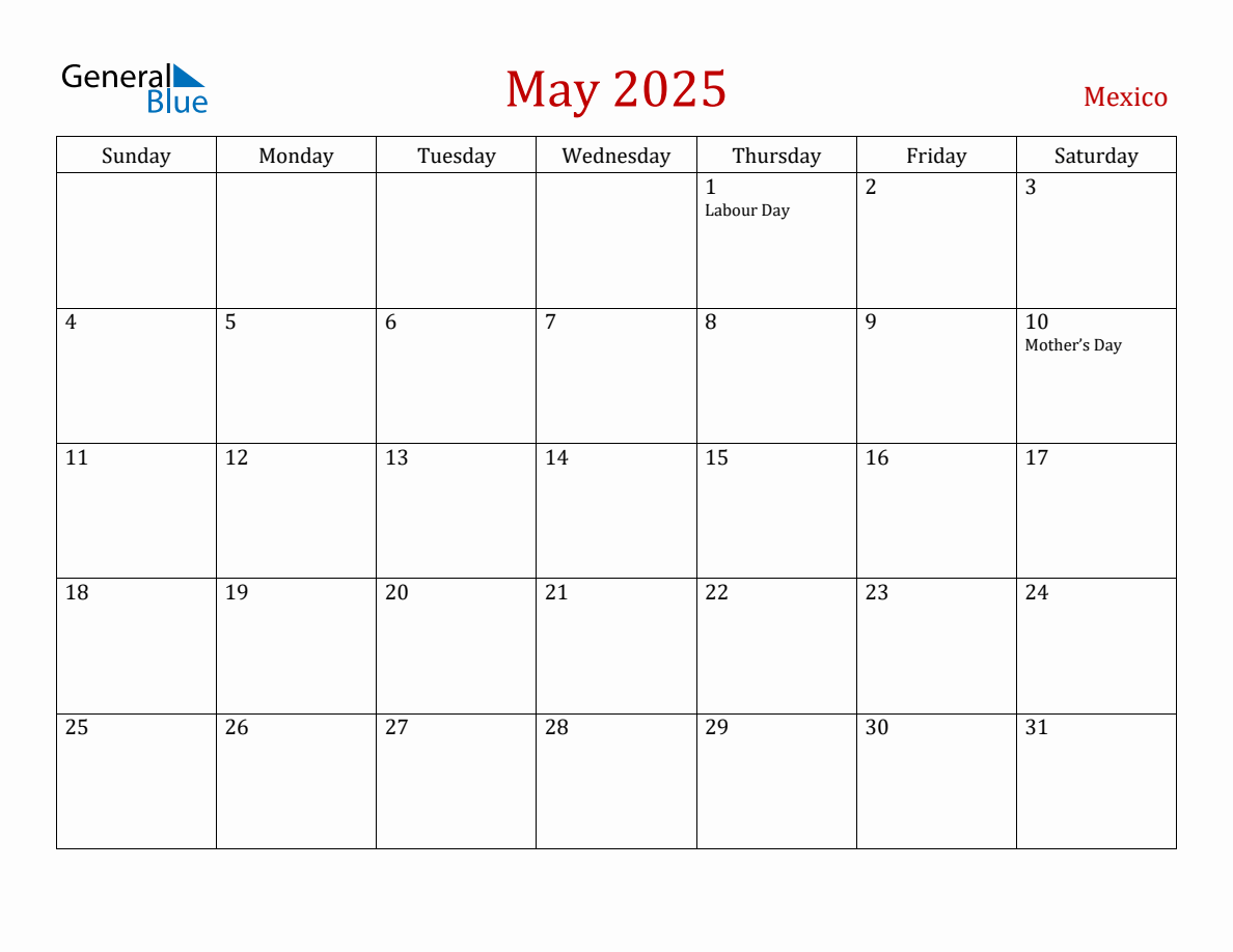 May 2025 Mexico Monthly Calendar with Holidays