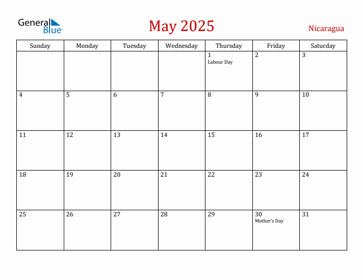 Nicaragua May 2025 Calendar - Sunday Start
