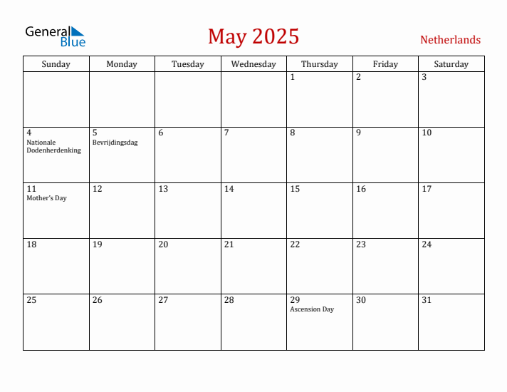 The Netherlands May 2025 Calendar - Sunday Start
