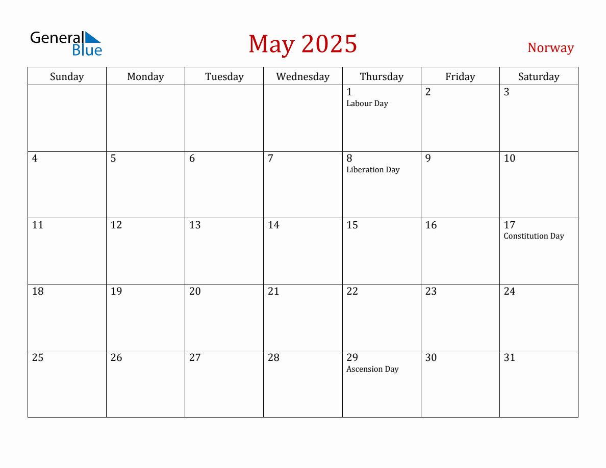May 2025 Norway Monthly Calendar with Holidays