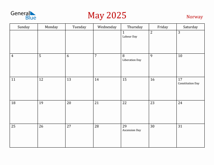 Norway May 2025 Calendar - Sunday Start
