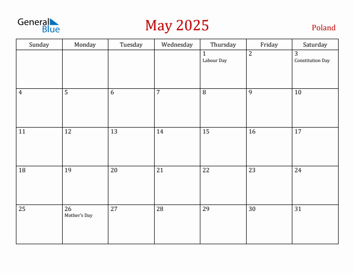 Poland May 2025 Calendar - Sunday Start