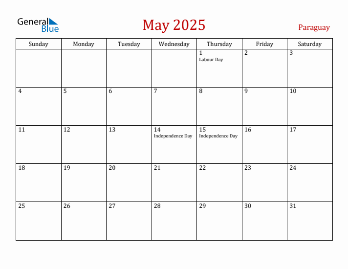Paraguay May 2025 Calendar - Sunday Start