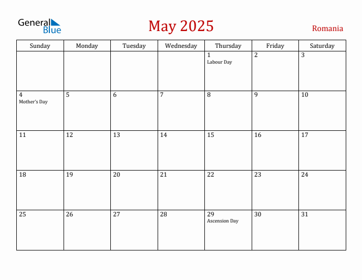 Romania May 2025 Calendar - Sunday Start