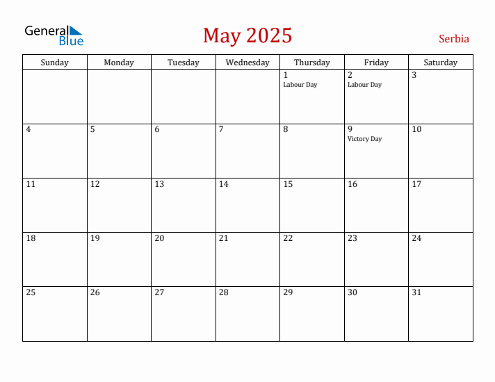Serbia May 2025 Calendar - Sunday Start