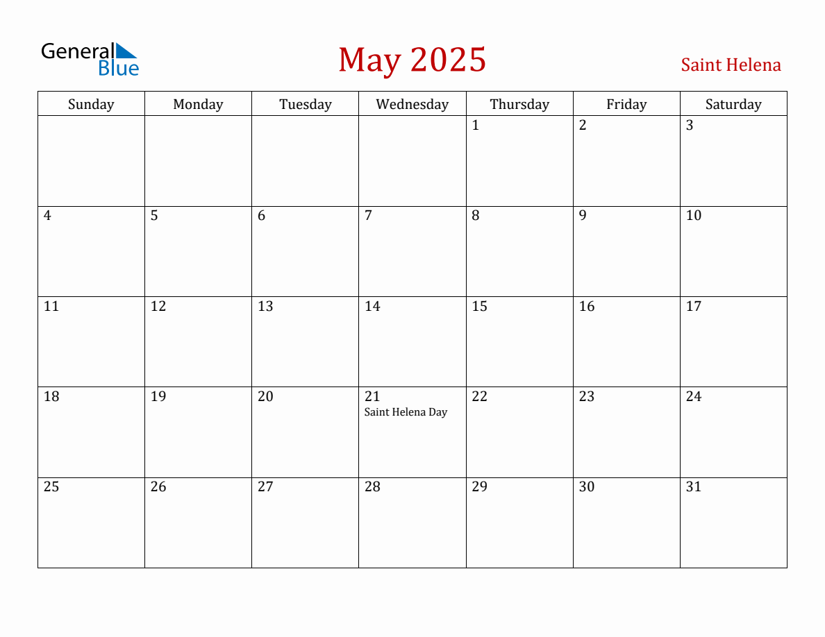 May 2025 Saint Helena Monthly Calendar with Holidays