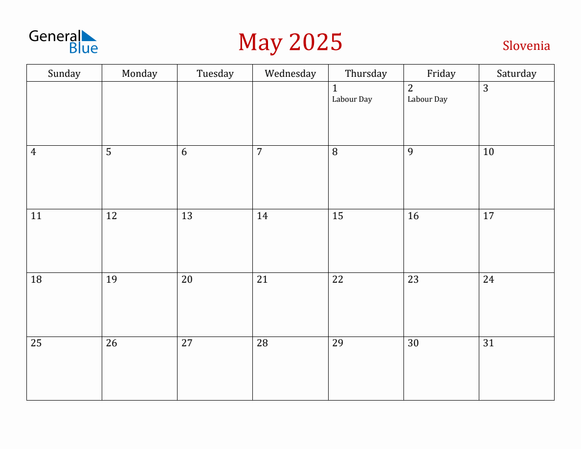 May 2025 Slovenia Monthly Calendar with Holidays