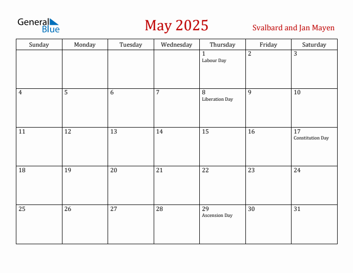 Svalbard and Jan Mayen May 2025 Calendar - Sunday Start