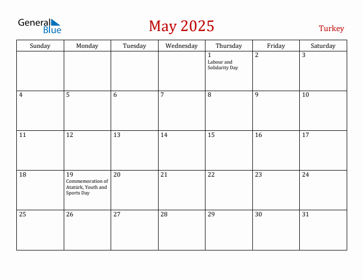 Turkey May 2025 Calendar - Sunday Start