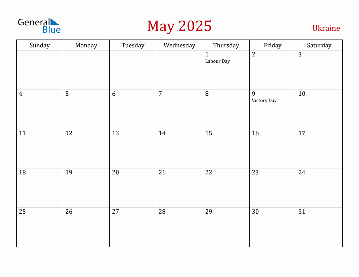 May 2025 Ukraine Monthly Calendar with Holidays