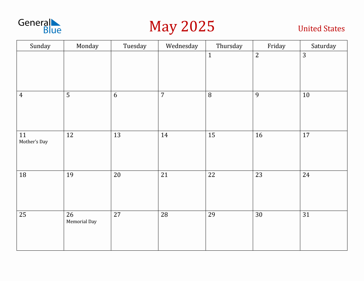 May 2025 United States Monthly Calendar with Holidays