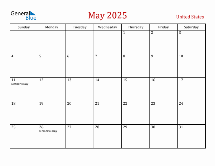 United States May 2025 Calendar - Sunday Start