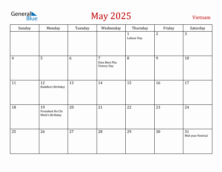 Vietnam May 2025 Calendar - Sunday Start