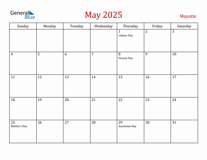 Mayotte May 2025 Calendar - Sunday Start