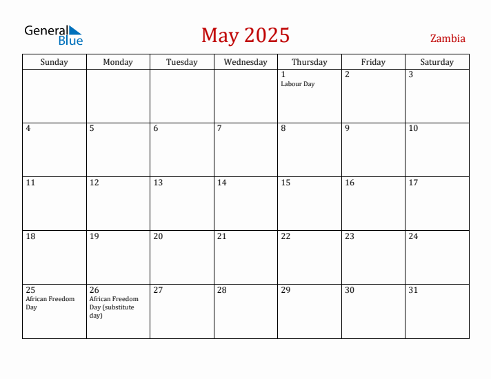 Zambia May 2025 Calendar - Sunday Start