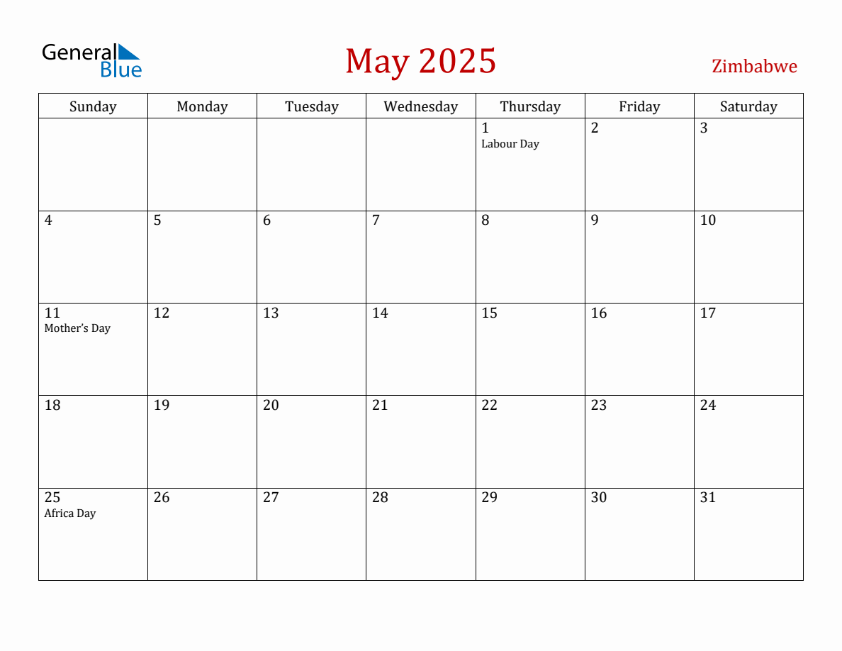 May 2025 Zimbabwe Monthly Calendar with Holidays