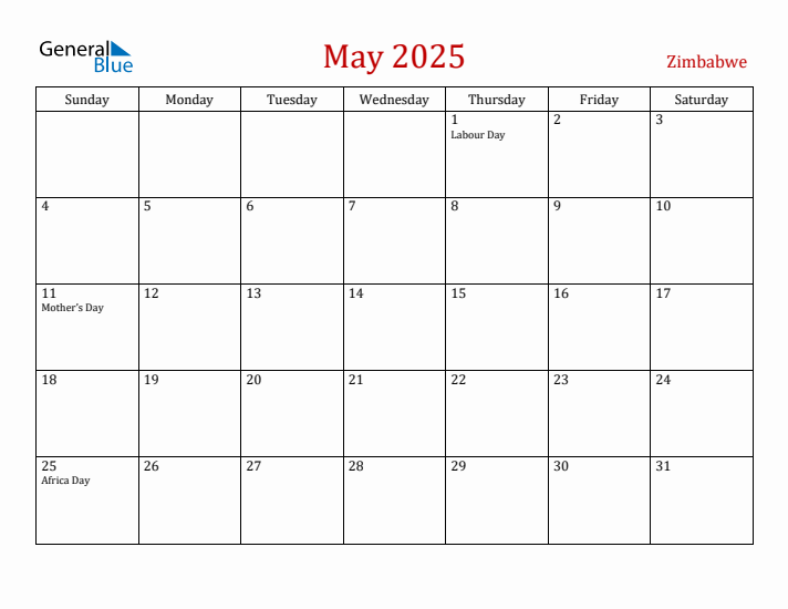 Zimbabwe May 2025 Calendar - Sunday Start