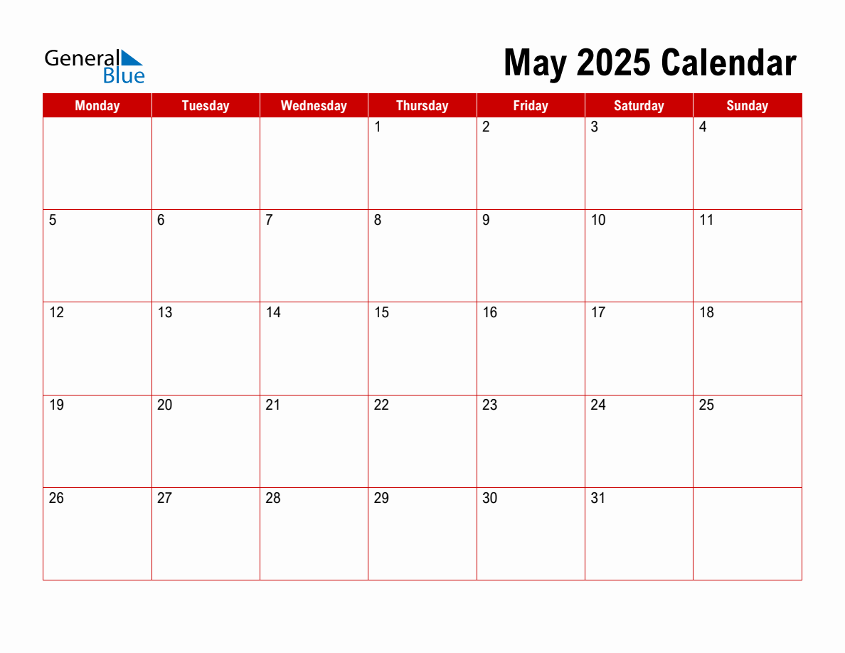 Basic Monthly Calendar May 2025