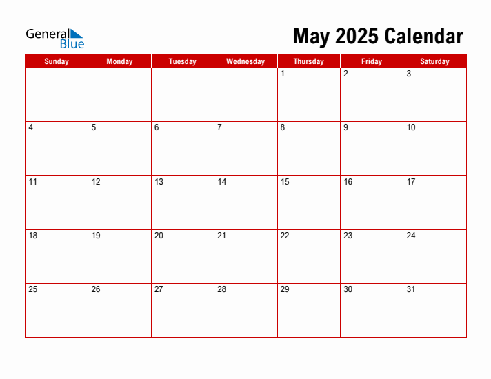 Simple Monthly Calendar - May 2025