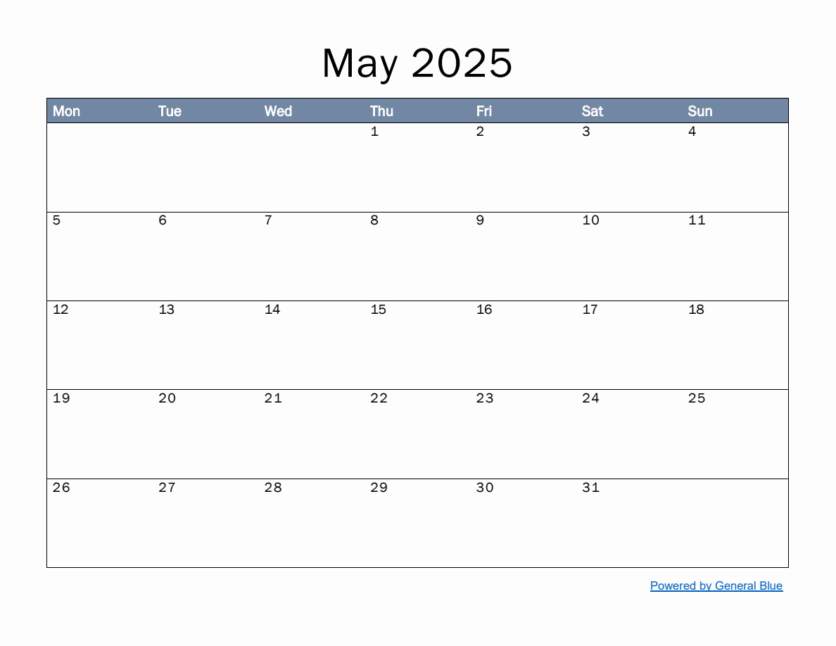 Monthly Calendar Template for May 2025