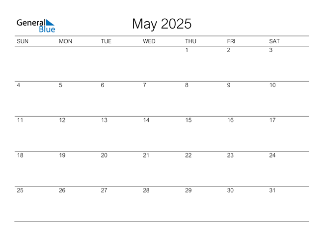 May 2025 Calendar PDF Word Excel 