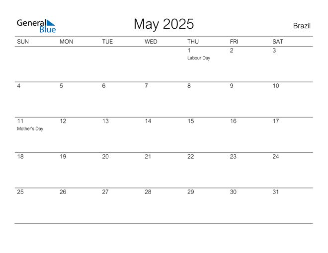 Brazil May 2025 Calendar with Holidays