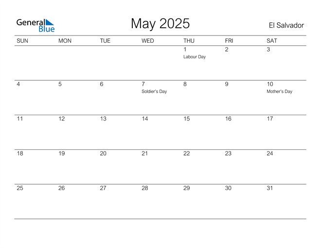Printable May 2025 Calendar for El Salvador