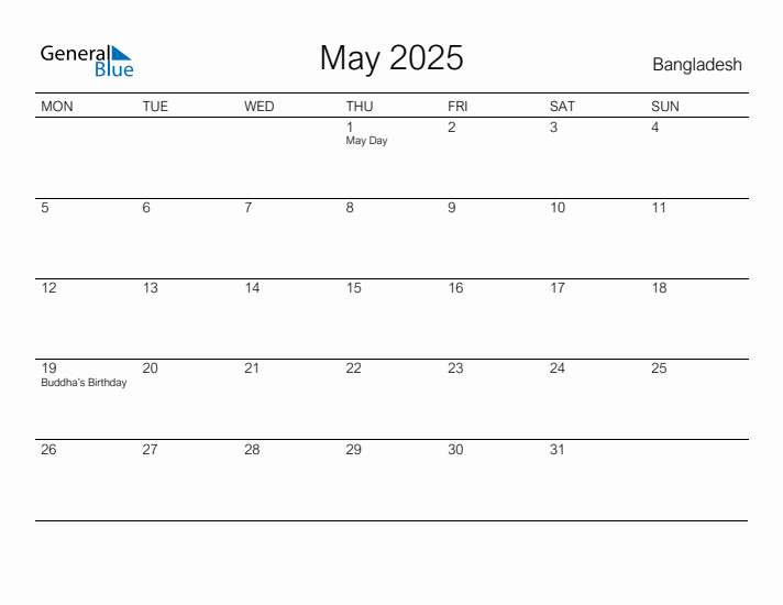 Printable May 2025 Calendar for Bangladesh