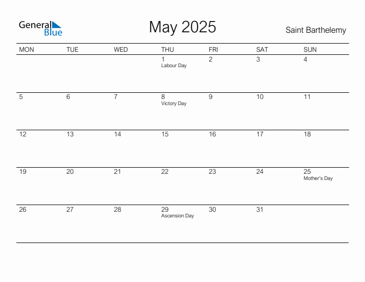 Printable May 2025 Monthly Calendar with Holidays for Saint Barthelemy