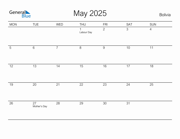 Printable May 2025 Calendar for Bolivia