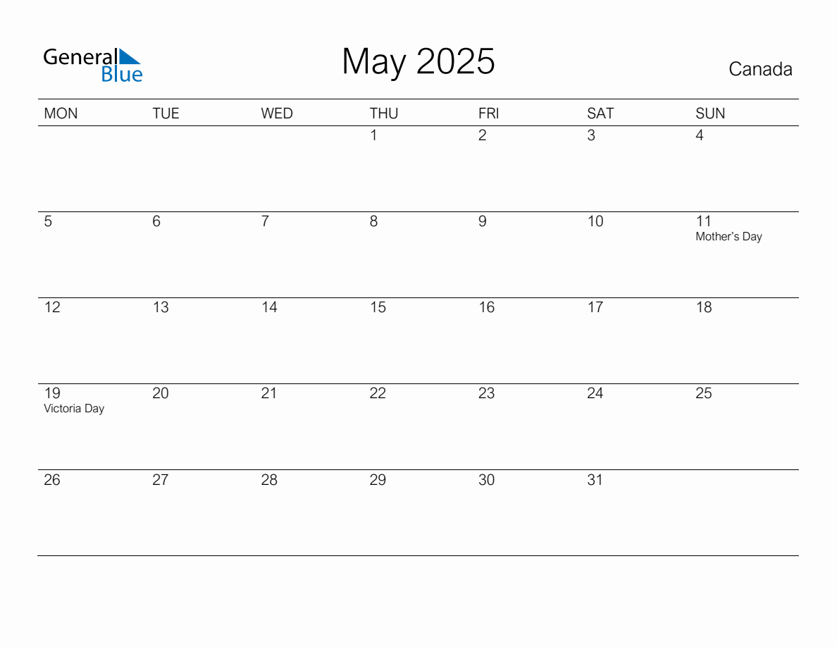 Printable May 2025 Monthly Calendar with Holidays for Canada