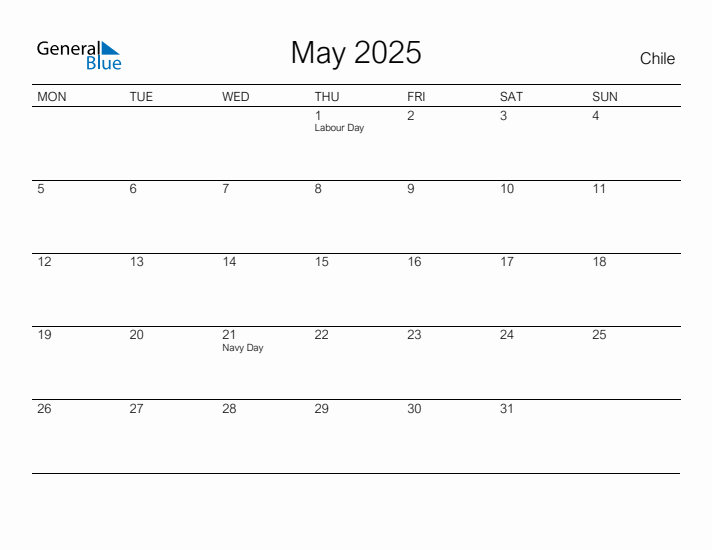 Printable May 2025 Calendar for Chile