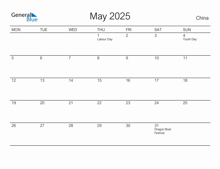 Printable May 2025 Calendar for China