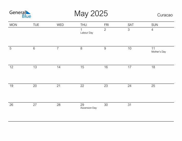 Printable May 2025 Calendar for Curacao