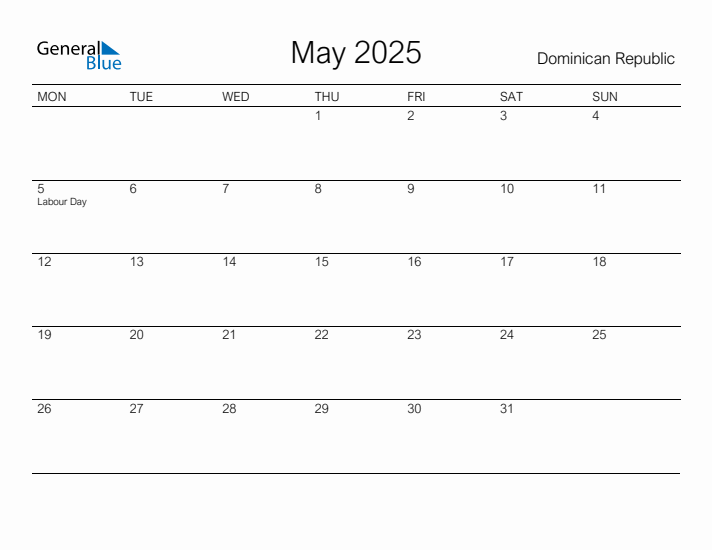 Printable May 2025 Calendar for Dominican Republic