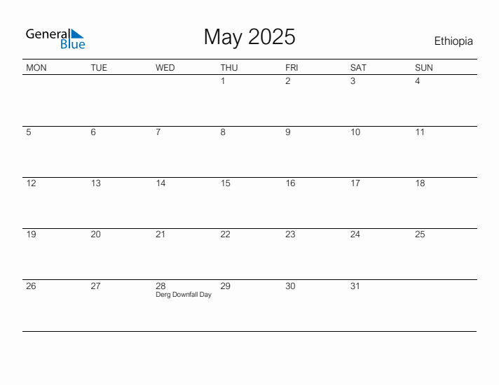 Printable May 2025 Calendar for Ethiopia
