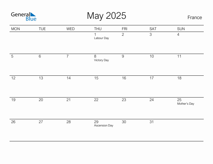 Printable May 2025 Calendar for France