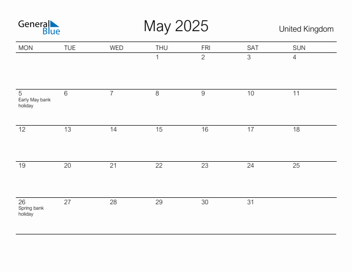 Printable May 2025 Monthly Calendar with Holidays for United Kingdom