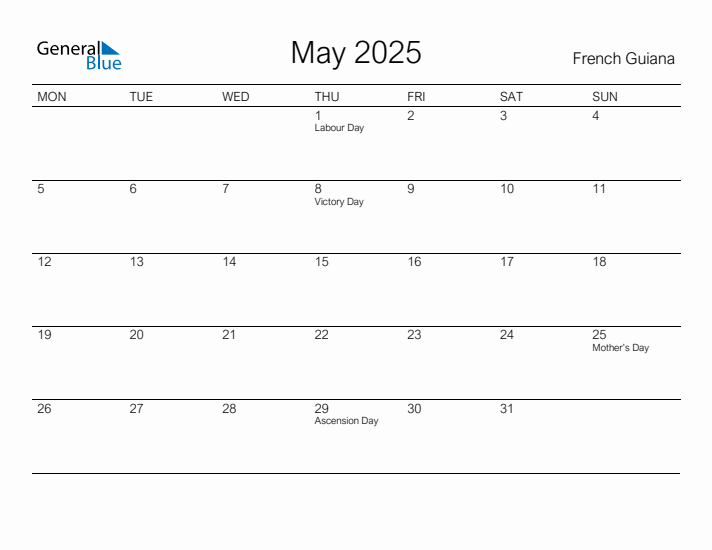Printable May 2025 Calendar for French Guiana
