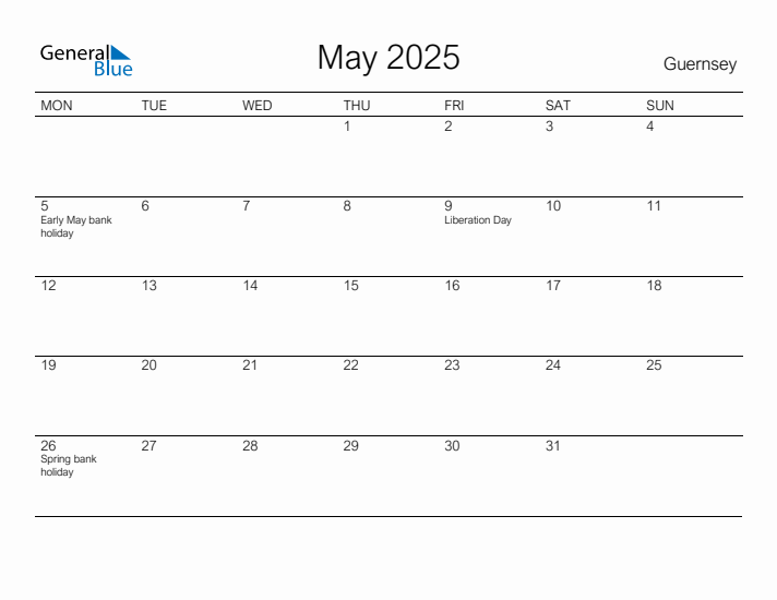 May 2025 Guernsey Monthly Calendar with Holidays
