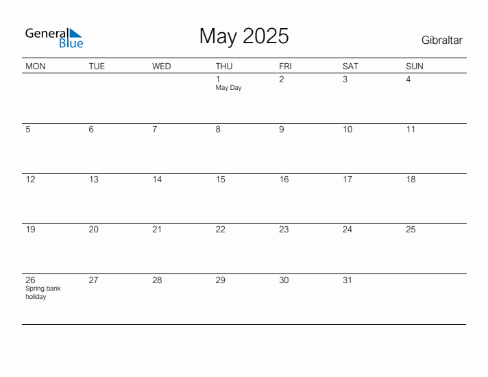Printable May 2025 Monthly Calendar with Holidays for Gibraltar
