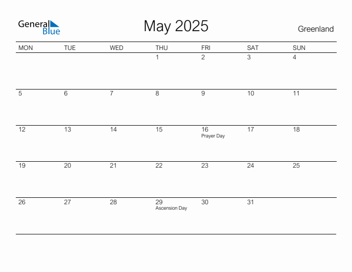 Printable May 2025 Calendar for Greenland