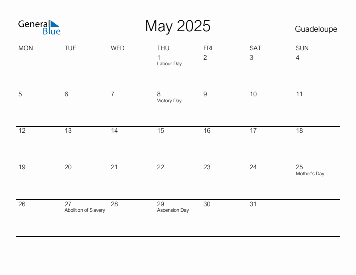 Printable May 2025 Calendar for Guadeloupe