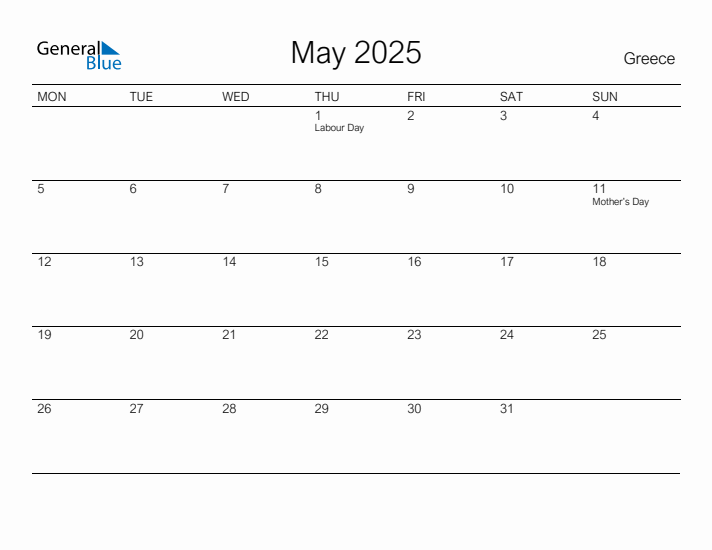 Printable May 2025 Calendar for Greece