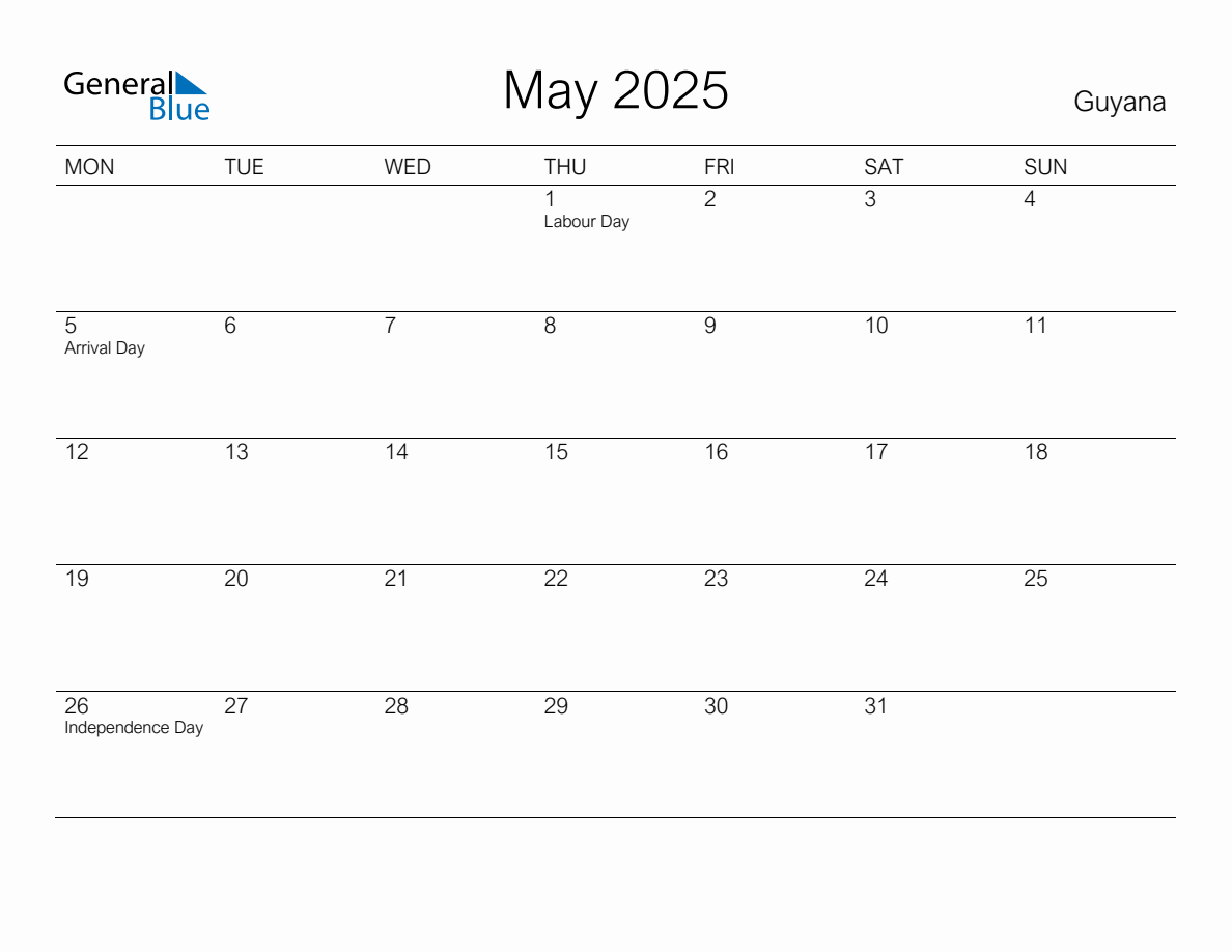 Printable May 2025 Monthly Calendar with Holidays for Guyana